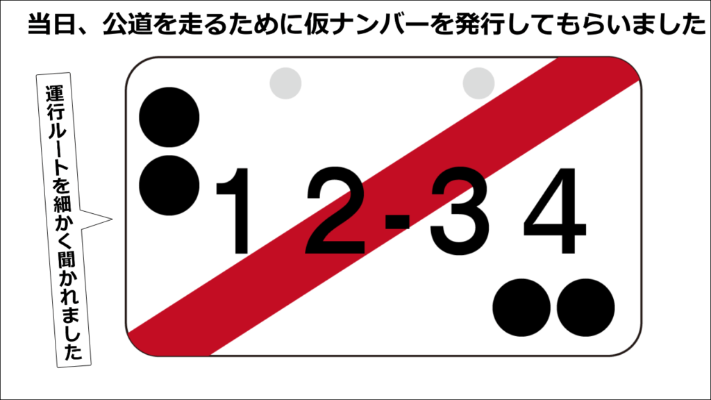 当日は仮ナンバーを発行してもらい約束の場所に向かいました